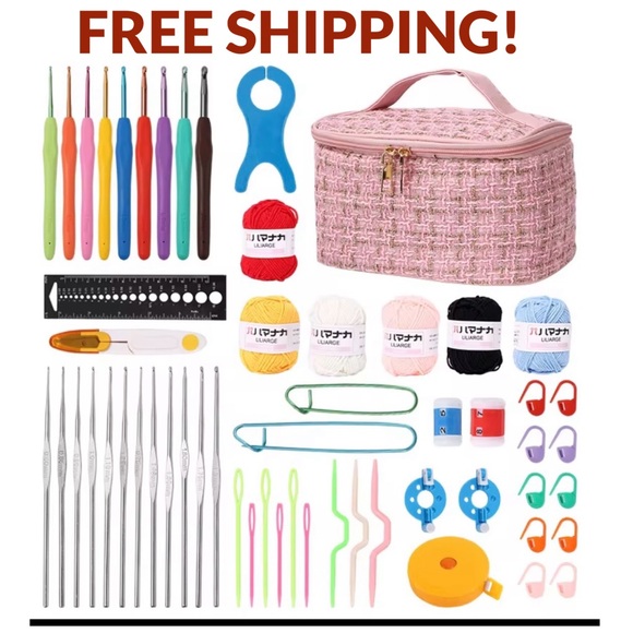 Unbranded Other - NEW 57pcs Crochet Kit Beginners Starter Knitting Yarn Tools Cute Pink Tweed Bag
